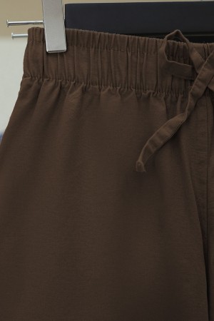 بنطال كتان بأرجل واسعة وتفاصيل أربطة وخصر مطاطي -بنى