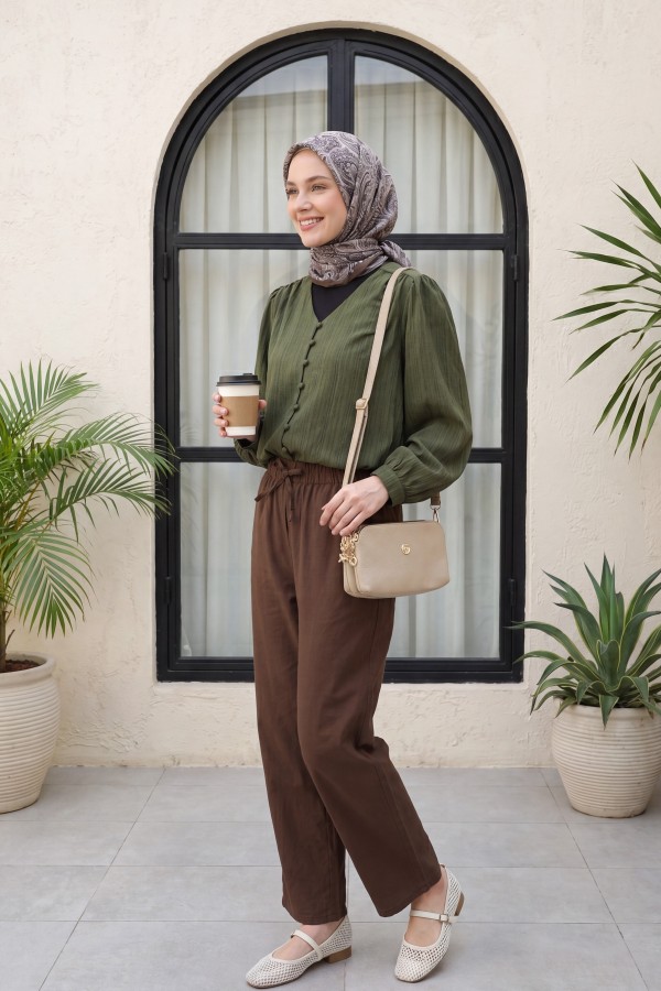 Lacing Detailed Wide Leg Linen Trousers with Elastic Waist -Brown