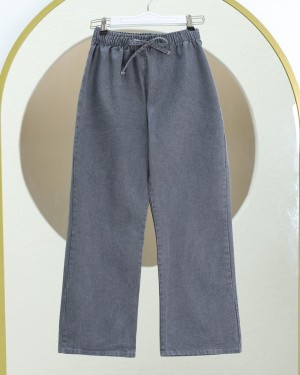 Bol Paça Beli Lastikli Bağcık Detaylı Kot Pantolon   -Antrasit