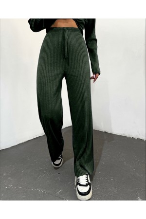Bağcık Detaylı Salaş Fitilli Pantolon       -Zümrüt