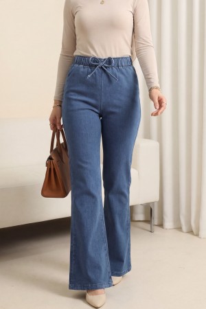 İspanyol Paça Bağcık Detaylı Kot Pantolon  -Buz Mavi