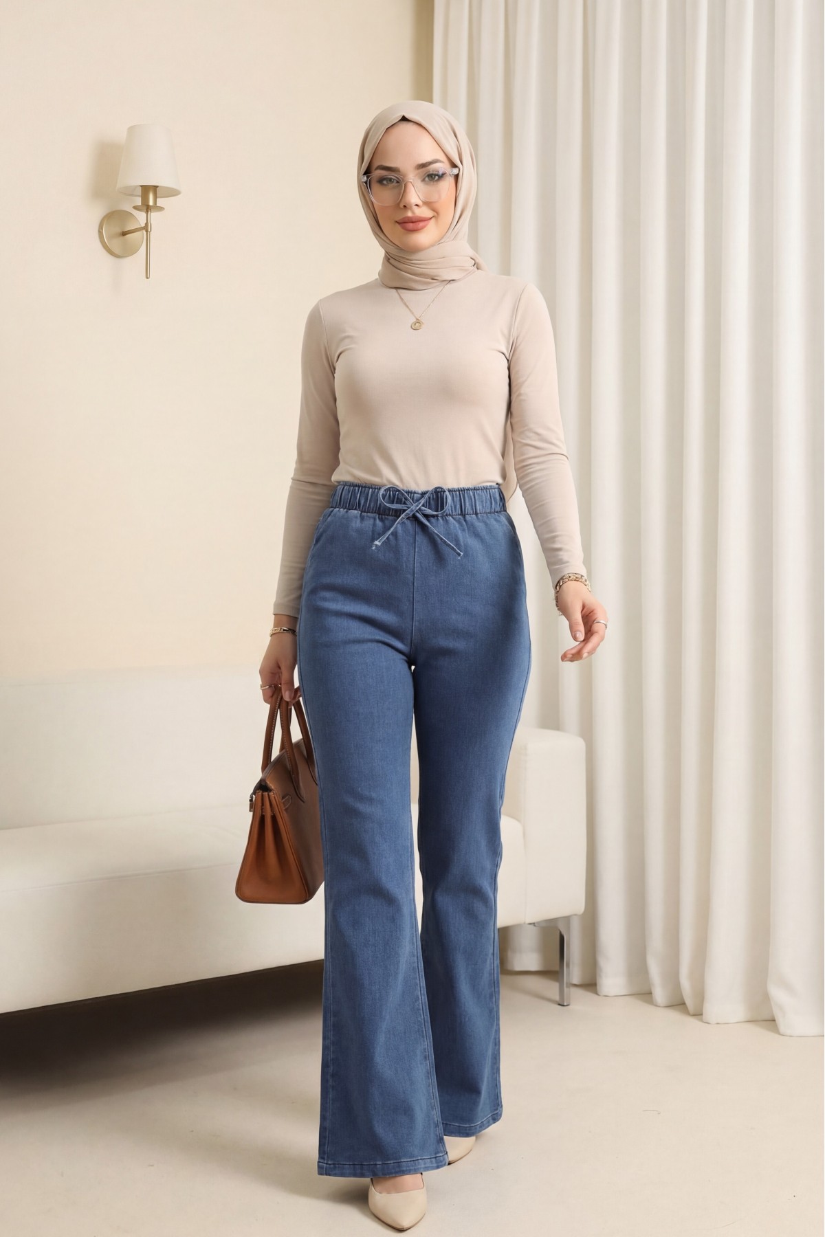 Spanish Leg Lace Detail Jeans  -Ice Blue detay görseli