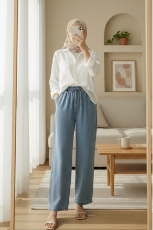 Bol Paça Beli Lastikli Bağcık Detaylı Kot Pantolon      -Buz Mavi