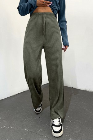 Bağcık Detaylı Salaş Fitilli Pantolon        -Haki