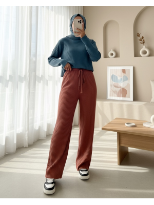 Lace Detail Loose Ribbed Trousers        -Brick color