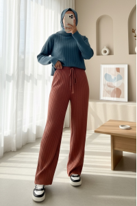 Bağcık Detaylı Salaş Fitilli Pantolon        -Kiremit