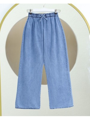 Bol Paça Beli Lastikli Bağcık Detaylı Kot Pantolon       -Mavi