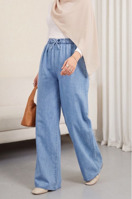 Bol Paça Beli Lastikli Bağcık Detaylı Kot Pantolon       -Mavi