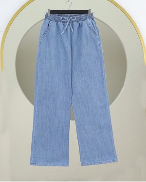 Beli Lastikli Cepli Bol Paça Kot Pantolon -Buz Mavi