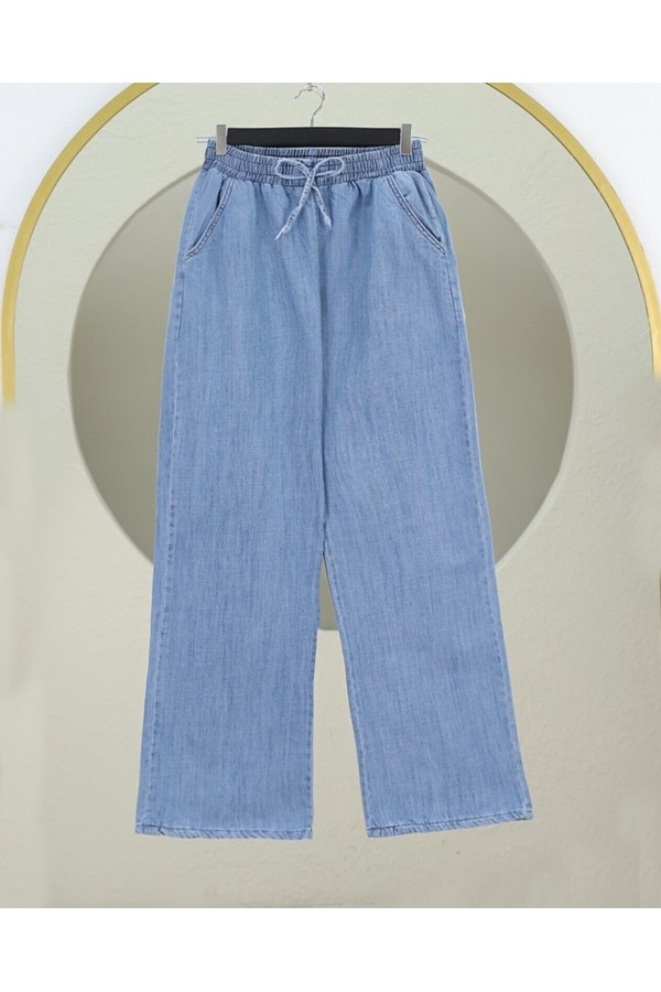 Beli Lastikli Cepli Bol Paça Kot Pantolon -Buz Mavi