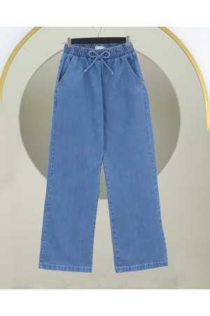 Beli Lastikli Cepli Bol Paça Kot Pantolon -Mavi