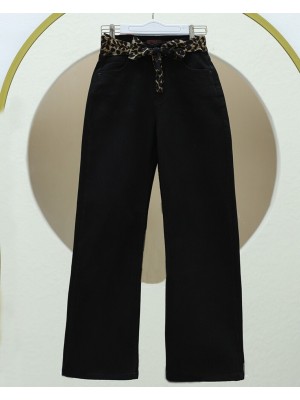 Fular Detaylı Palazzo Kot Pantolon -Siyah
