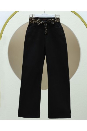 Fular Detaylı Palazzo Kot Pantolon -Siyah