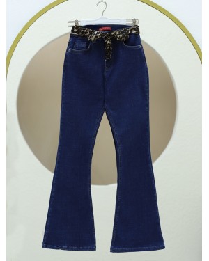 İspanyol Paça Fular Detaylı Kot Pntolon -İndigo