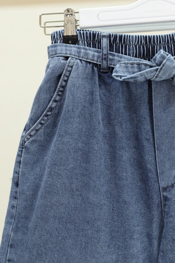 Bol Paça Beli Lastikli Kuşaklı Kot Pantolon -Buz Mavi