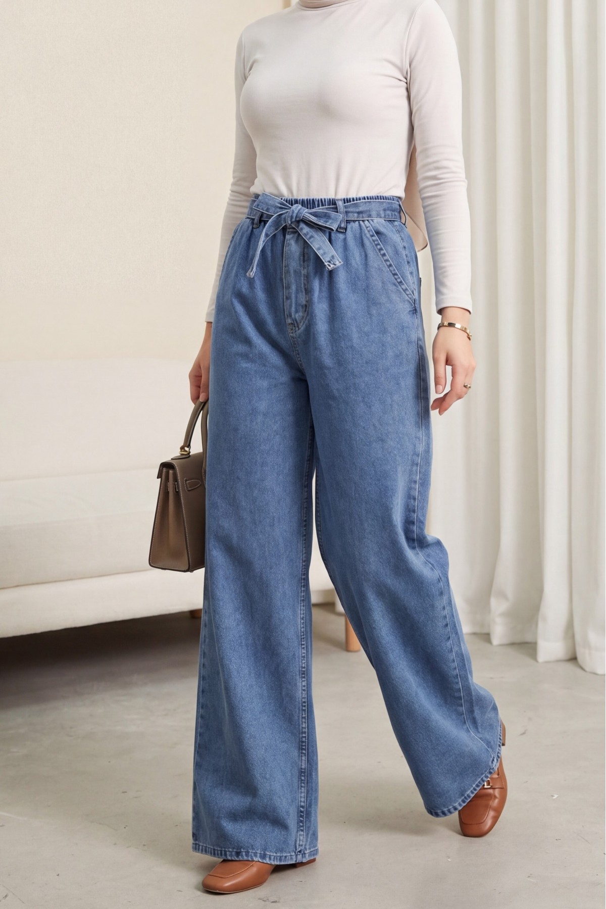 Wide Leg Elastic Waist Belted Jeans -Ice Blue