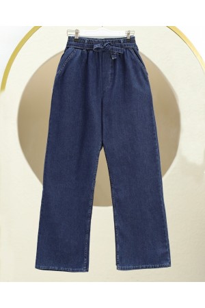 Bol Paça Beli Lastikli Kuşaklı Kot Pantolon -İndigo