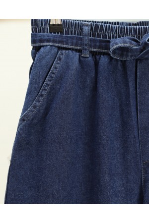 بنطال جينز واسع الساق مع حزام خصر مطاطي -اللون النيلي