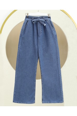 Bol Paça Beli Lastikli Kuşaklı Kot Pantolon -Koyu Mavi