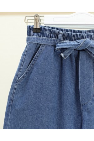 Wide Leg Elastic Waist Belted Jeans -Dark blue