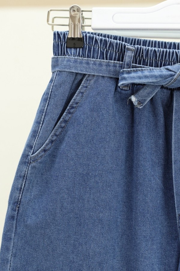 Bol Paça Beli Lastikli Kuşaklı Kot Pantolon -Koyu Mavi