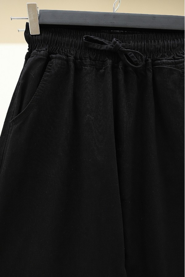 Beli Lastikli Cepli Bol Paça Kot Pantolon  -Siyah
