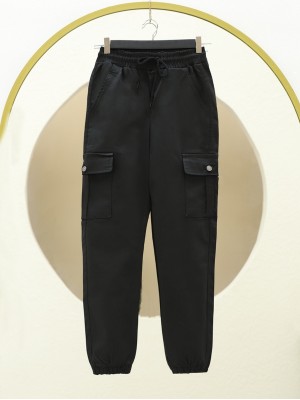 Elastic Waist and Leg Laced Cargo Jeans -Black