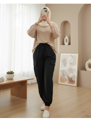 Beli ve Paçası Lastikli Bağcıklı Kargo Kot Pantolon -Siyah