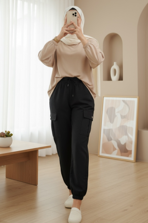 Elastic Waist and Leg Laced Cargo Jeans -Black