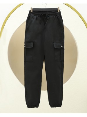 Beli ve Paçası Lastikli Bağcıklı Kargo Kot Pantolon -Siyah