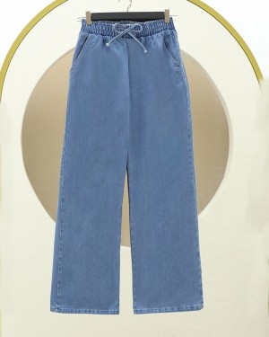 Beli Lastikli Cepli Bol Paça Kot Pantolon   -Koyu Mavi