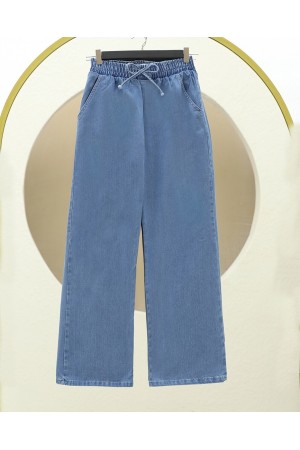 Beli Lastikli Cepli Bol Paça Kot Pantolon   -Koyu Mavi