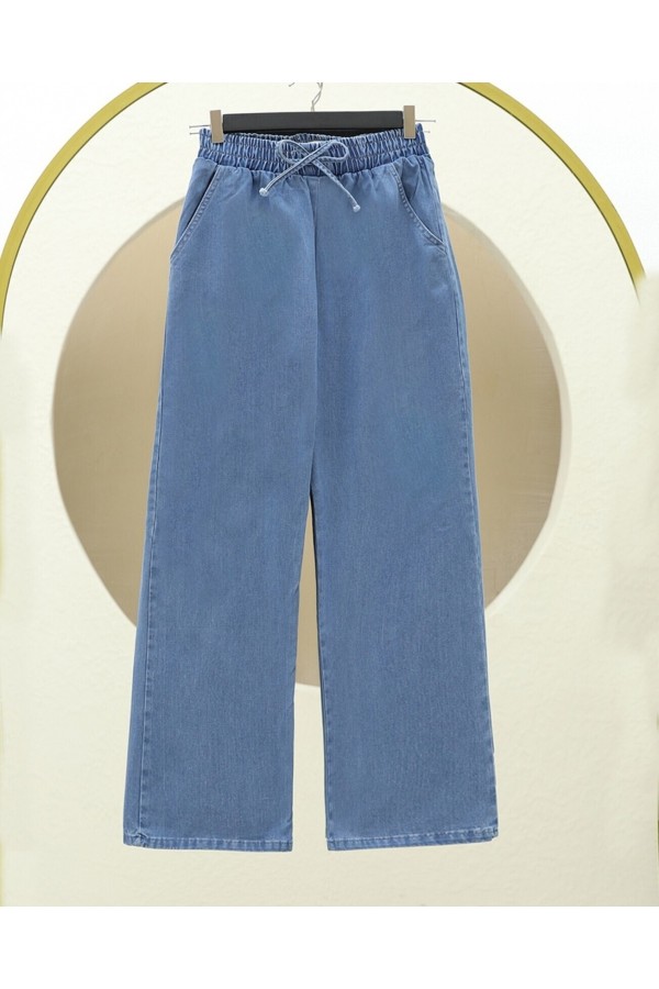 Beli Lastikli Cepli Bol Paça Kot Pantolon   -Koyu Mavi