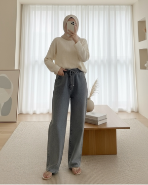 Elastic Waist Wide Leg Jeans with Pockets   -Smoked 