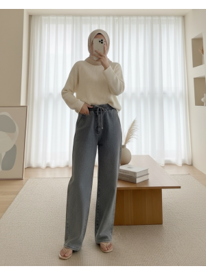 Beli Lastikli Cepli Bol Paça Kot Pantolon   -Füme