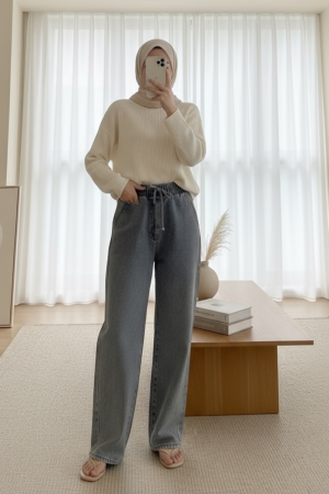 Beli Lastikli Cepli Bol Paça Kot Pantolon   -Füme