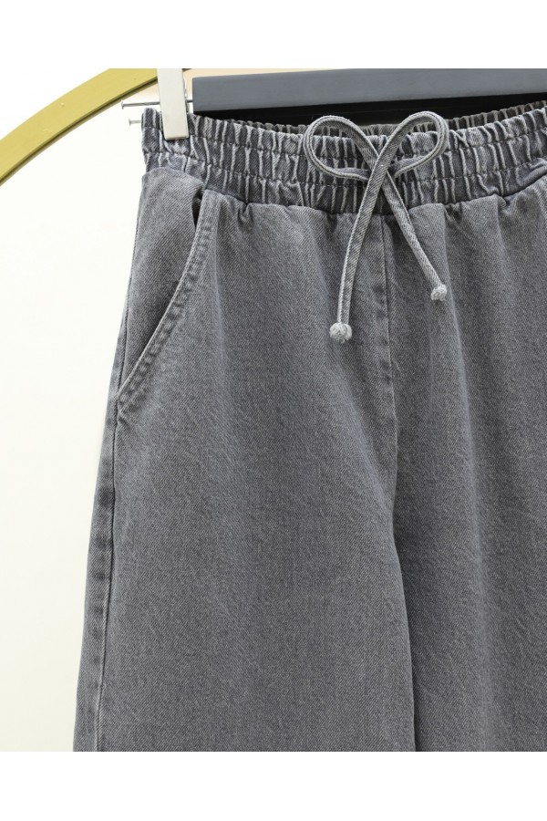 Beli Lastikli Cepli Bol Paça Kot Pantolon   -Füme