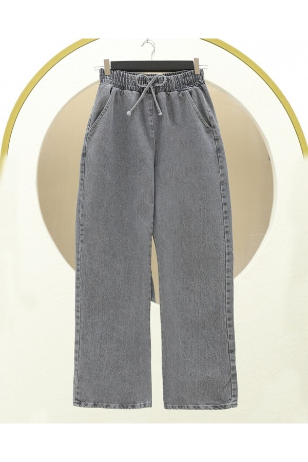 Beli Lastikli Cepli Bol Paça Kot Pantolon   -Füme