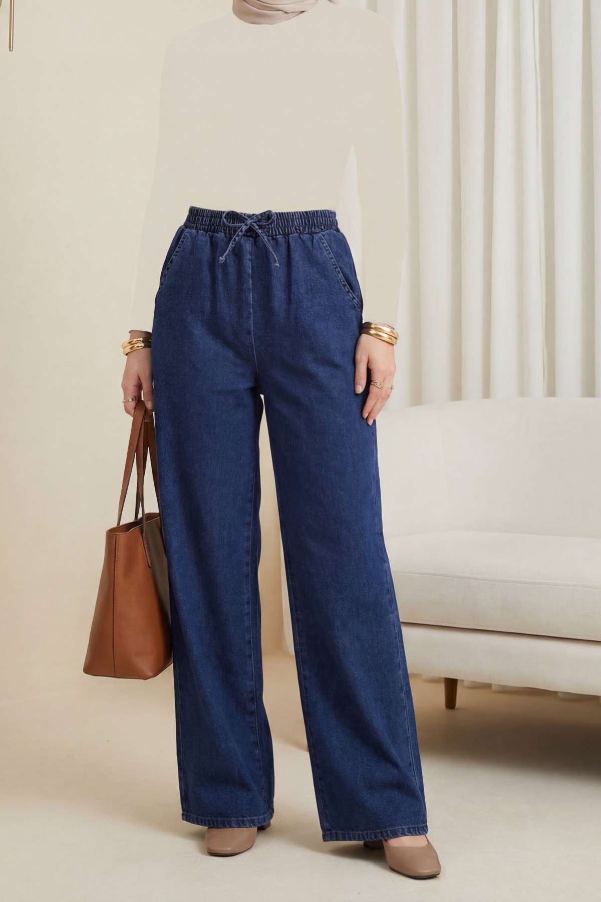 Elastic Waist Wide Leg Jeans with Pockets    -Navy blue