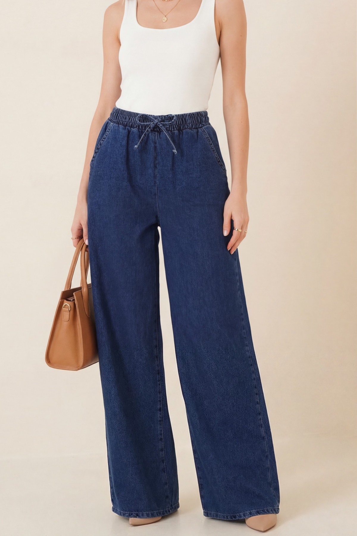 Elastic Waist Wide Leg Jeans with Pockets    -Navy blue