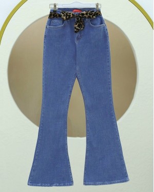 İspanyol Paça Fular Detaylı Kot Pntolon  -Mavi