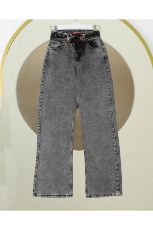 Fular Detaylı Palazzo Kot Pantolon  -Füme