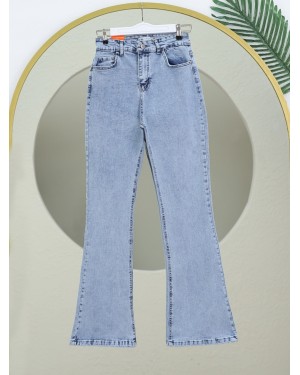 İspanyol Paça Yüksek Bel Kot Pantolon   -Buz Mavi