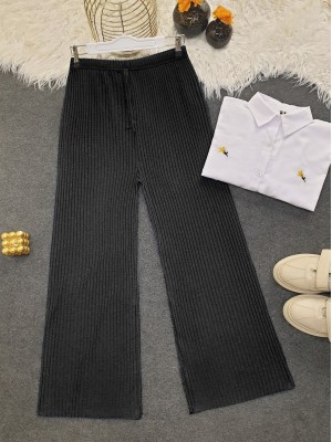 Lace Detail Loose Ribbed Trousers   -Anthracite