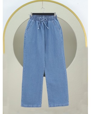 Beli Lastikli Cepli Bol Paça Kot Pantolon      -Açık Mavi