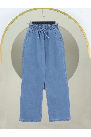 Beli Lastikli Cepli Bol Paça Kot Pantolon      -Açık Mavi