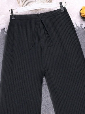 Lace Detail Loose Ribbed Trousers -Black