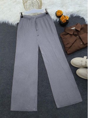 Lace Detail Loose Ribbed Trousers   -Grey