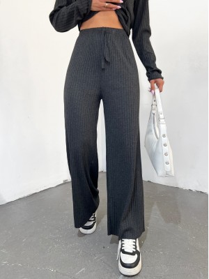 Lace Detail Loose Ribbed Trousers   -Anthracite