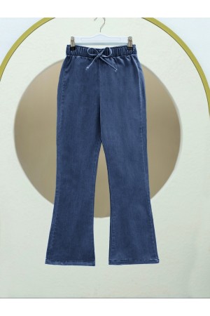İspanyol Paça Bağcık Detaylı Kot Pantolon    -Koyu Mavi